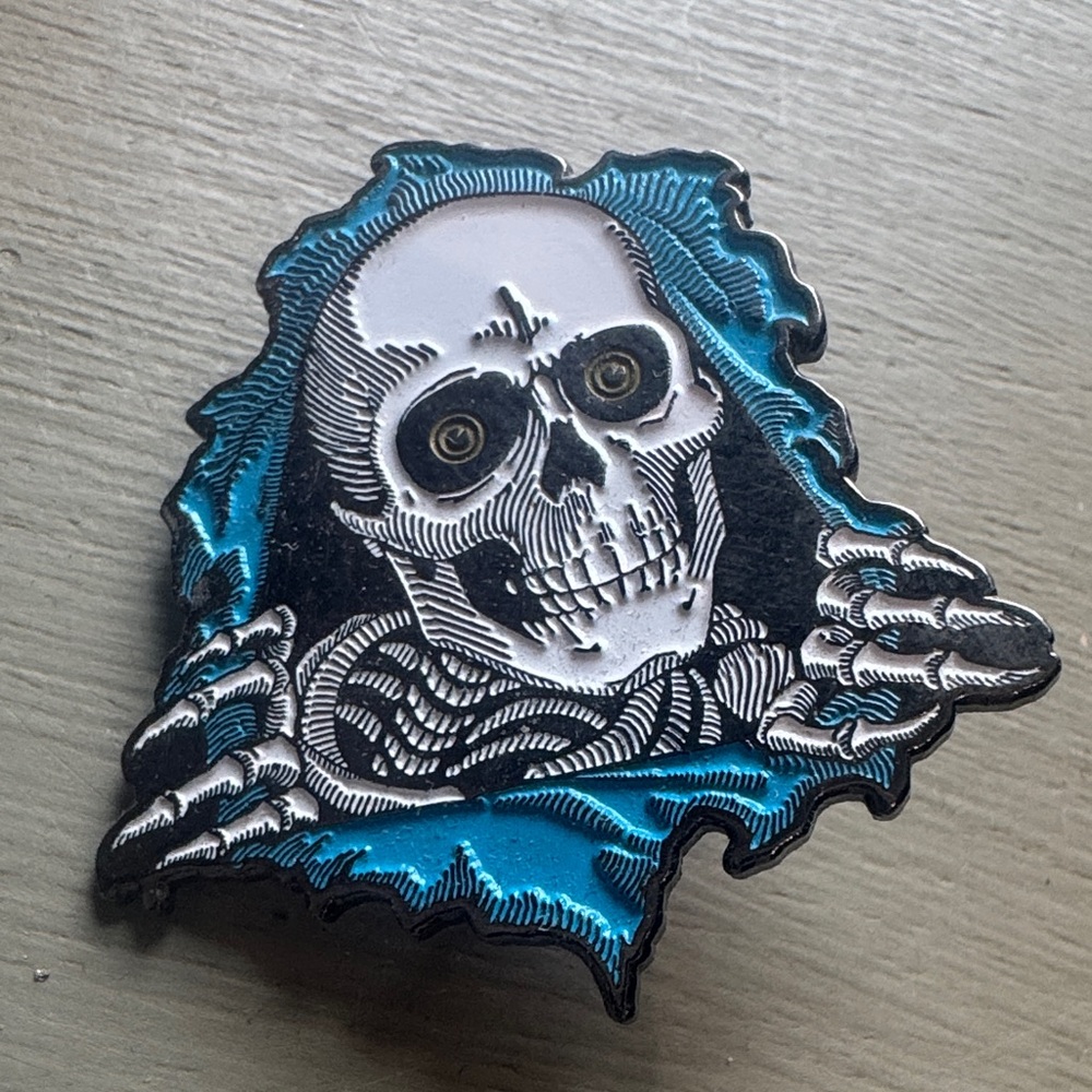 CLASSIC Powell Peralta Skeleton Skull Enamel Pin with Teal Hood